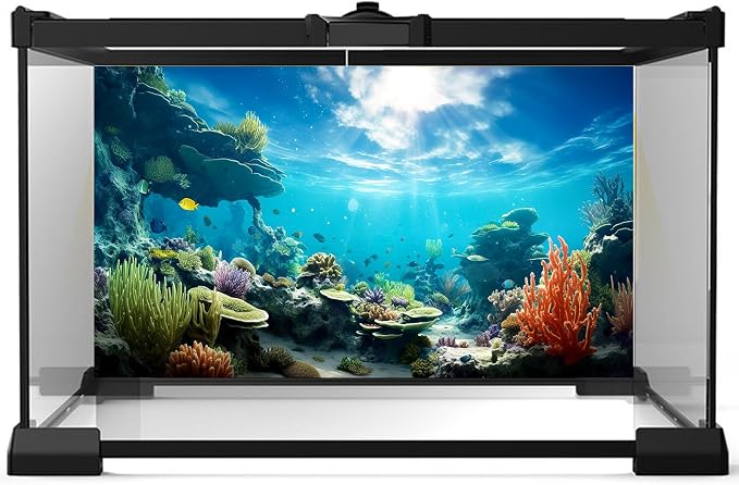 Ocean Floor Fish Tank Background Underwater Coral Reef Stone Aquarium Background Under Water Seaweed Background Cave Sunlight Fish Tank Backdrop Decoration Aquarium Backdrop Durable Vinyl 24x16in