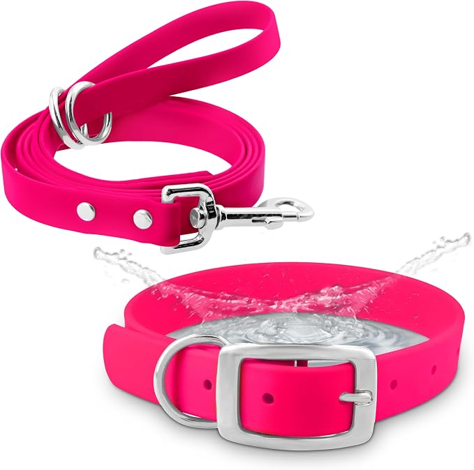 Regal Dog Products Large Pink Waterproof Biothane Dog Collar and Leash Set | Heavy Duty Double Buckle & D Ring - 5'ft Leash | Adjustable, Chew Resistant Collar for Dogs