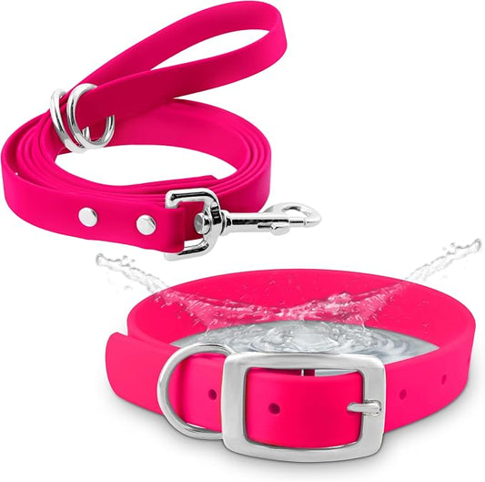 Regal Dog Products Large Pink Waterproof Biothane Dog Collar and Leash Set | Heavy Duty Double Buckle & D Ring - 5'ft Leash | Adjustable, Chew Resistant Collar for Dogs