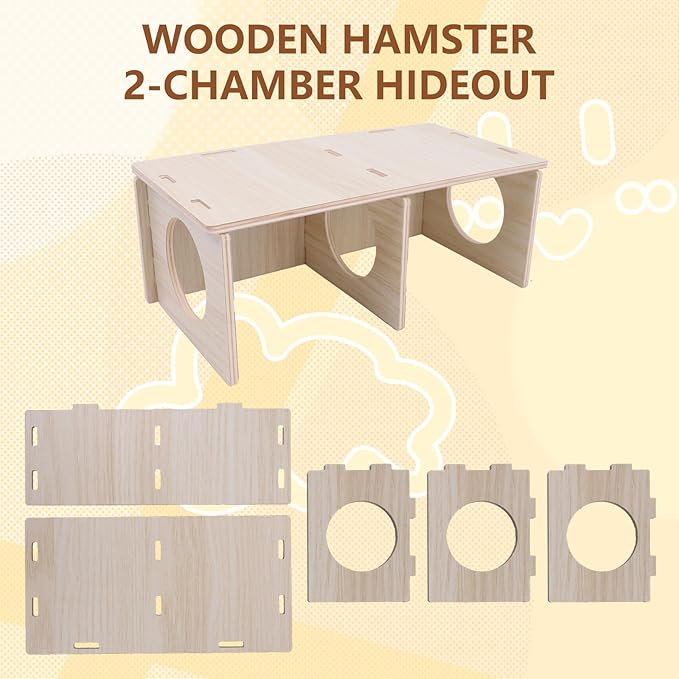2 Pcs Hamster Hideouts, Wooden 2-Chamber Hideout-Tunnel Hamster Platform with Climbing Ladder