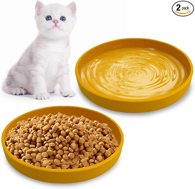 Silicone Cat Food Bowls Shallow Cat Dishes 5.9in Wide Pet Plates Set of 2 Small Flat Dog Saucer Bowl Cute Whisker Fatigue Kitten Feeding Dish for Dry Food & Wet Food (Round Yellow)