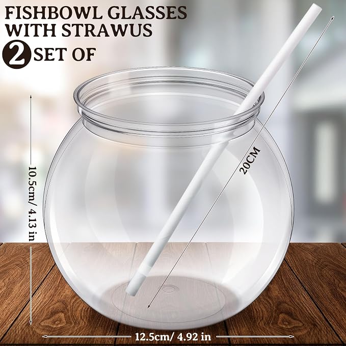 Eccliy 40 Pcs Clear Fish Bowls with Straws Ball Shape Plastic Bowl for Drinks Summer Drink Cups Unbreakable Goldfish Bowl for Christmas Candy Table Centerpieces Party Favors (27 oz)