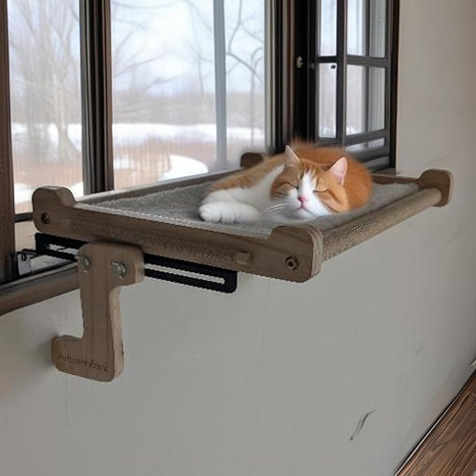 No Suction Cup Cat Window Perch - Adjustable Hammock Seat for Windows with Tracks or Gaps, Sturdy Wood Metal Frame Holds 40lbs, Easy No Drilling Indoor Bed for Large Felines