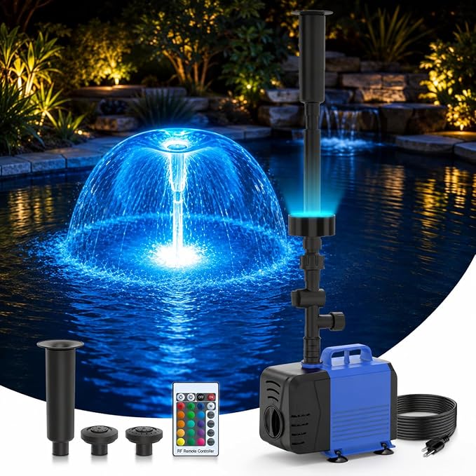 Pond Fountain Pump Kit, 880GPH Submersible Water Pump with Remote Control LED Lights, 3 Spray Patterns, Adjustable Flow, Quiet Operation, for Pond, Garden, Backyard Water Feature