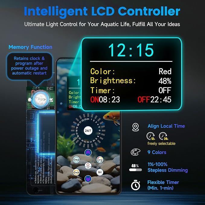 fishkeeper 24W Aquarium Light, 24/7 Mode with One‑Touch Time Calibration | DIY‑Mode Full‑Spectrum 6‑Rows WRGB LED Aquarium Plant Light, 9‑Color Options & Memory Function for 18-24 Inch Fish Tank