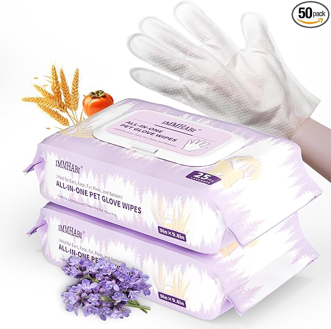 IMMHABI 50 Pcs Cleaning Deodorizing Pet Glove Wipes for Dogs & Cats, Hypoallergenic Dog Bath Wipes with Natural Deodorizer Persimmon Tannin, Pet Bathing Wipes for Horse Coat Care Lavender Scent