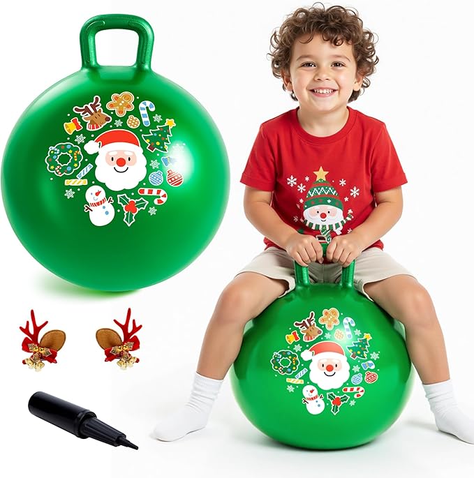 Hopper Ball for Kids 18In Sit On Bouncy Balls with Handle for Indoor Outdoor Active Play, Green Christmas Inflatable Boys Girls Gifts for 4 5 6 7 8 Years Old with Christmas Reindeer Ears