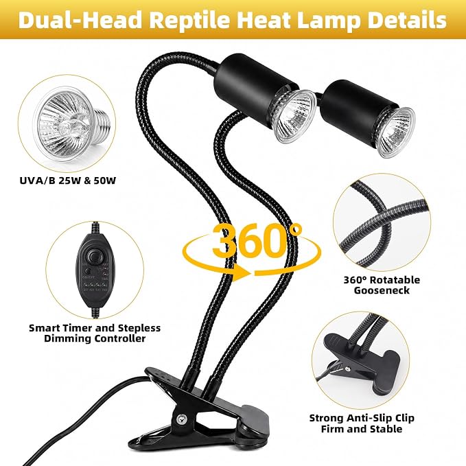 Reptile Heat Lamp with Timer & Hygrothermograph, Double-Head UVA UVB Light | Simulated Sunlight Basking Spot Lamp for Turtle, Lizard, Snake, Beared Dragon, Amphibians, 2 Bulbs 25W+50W