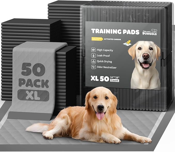Powools Charcoal Puppy Pads - 50 Packs, 34"×28" Ultra-Large Puppy Pads, Odor-Control Carbon Pee Pads for Dogs, 6-Layer Ultra-Absorbent & Quick-Dry Black Training Pads