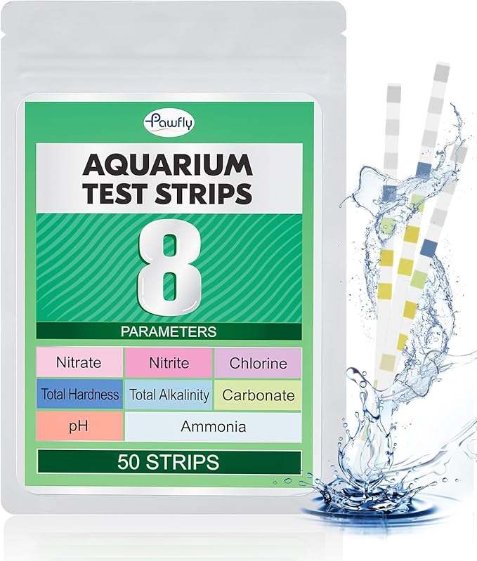 Pawfly 8 in 1 Aquarium Test Strips for pH Chlorine Nitrate Carbonate Hardness Total Alkalinity & Ammonia Water Quality Freshwater Saltwater Test Kit, 50 Strips Fish Tank Water Testing kit