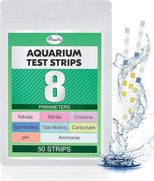 Pawfly 8 in 1 Aquarium Test Strips for pH Chlorine Nitrate Carbonate Hardness Total Alkalinity & Ammonia Water Quality Freshwater Saltwater Test Kit, 50 Strips Fish Tank Water Testing kit
