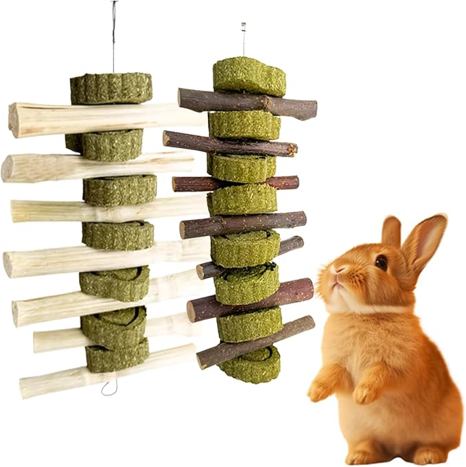 MANON ROSA 2 Pcs Natural Bunny Chew Toys for Dental Health - Apple Wood Bamboo Timothy Grass Sticks Grinding Treats for Rabbits Guinea Pigs Chinchillas Hamsters (Apple Wood & Sweet Bamboo)