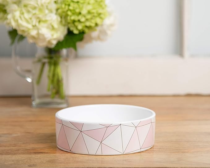 Park Life Designs - Ceramic Bowl for Dogs, Cats and Pets, Stylish Vienna Design, Heavyweight and Non Slip, Skid Free, Chew Proof, Durable, Microwave and Dishwasher Safe (Small, Pink Triangles)