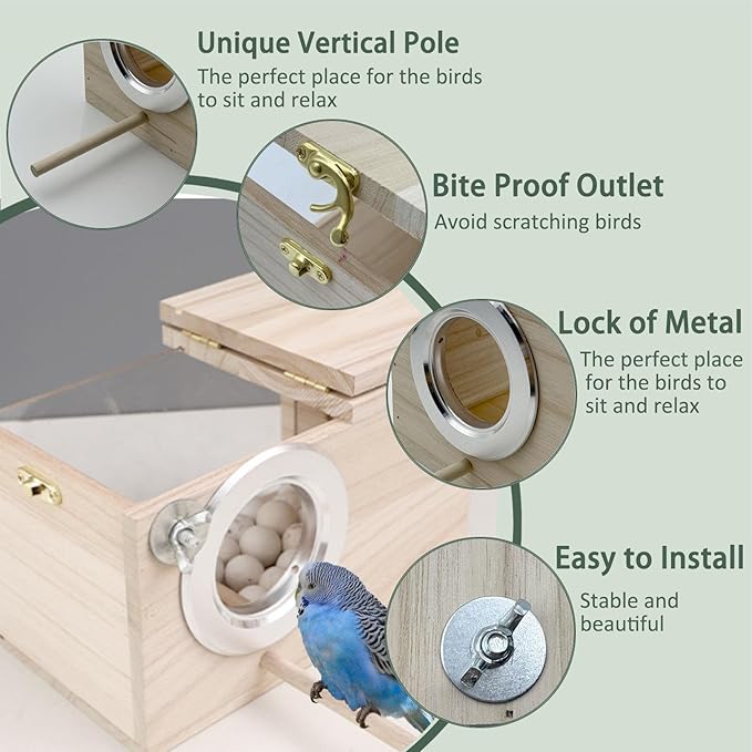 Parakeet Nesting Box, 11.57 X 5.9 X 5.9 INCH Transparent Bird Nest Breeding Box with Perch Parrot Mating Box Wood Bird House Aviary for cage (L Horizontal Wood)