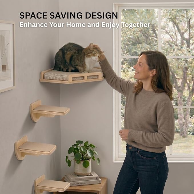 INICIO Cat Wall Shelves - Safe and Sturdy Cat Wall Furniture - Stylish Corner Shelf with 3 Steps for Cats up to 15lbs - Cushioned Perch and Stairs for Climbing and Playing - Natural Wood