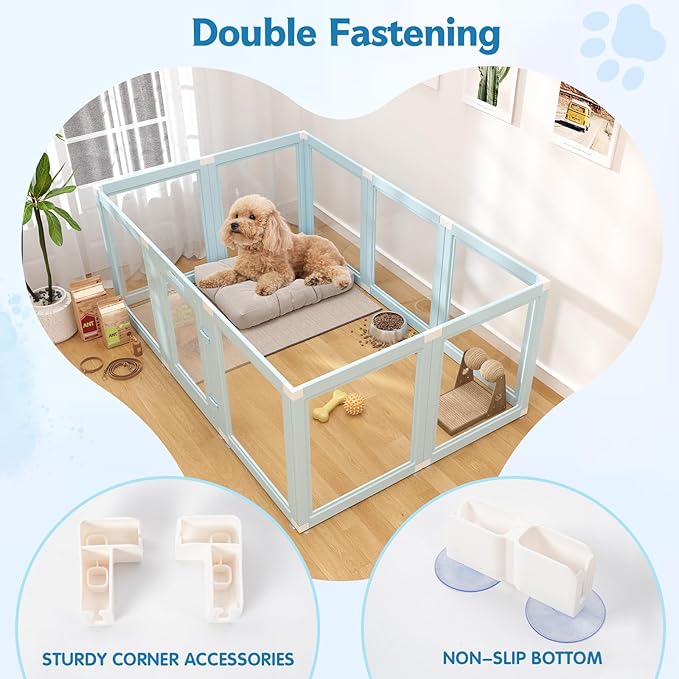 DIY Clear Acrylic Dog Playpen Indoor, Transparent Easy Cleansing Puppy Fence with Suction Cup, Easy-Assemble Indoor Whelping Crate for Small Puppies (23.6" H, 10PCS), Blue