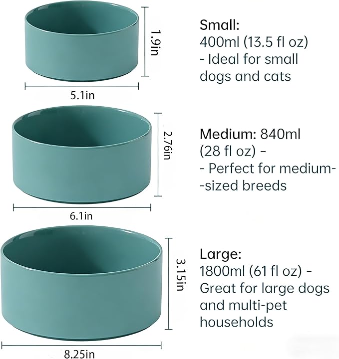 61 oz Large Ceramic Pet Bowl, Non-Slip Anti-Skid Base, Easy Clean Food & Water Feeder for Big Dogs and Cats – Dark Green
