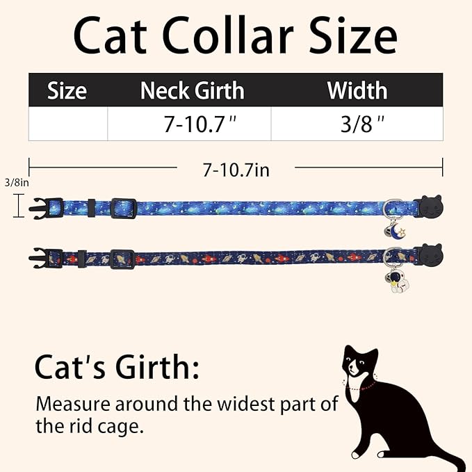 Cat Collar Breakaway, 2 Pack Cotton Kitten Collars with Bells and Removable Charms, Cute Astronaut Shaped for Indoor Boy, Girl and Adult Cats