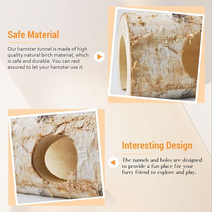 Natural Wooden Hamster Tunnels,Birch Wood Hamster Tube Guinea Pig Hollow Tree Hole Chew Toy Hideout Climbing Pet Cage Accessories for Hamsters Chinchillas Gerbils Dwarf Mice Rats