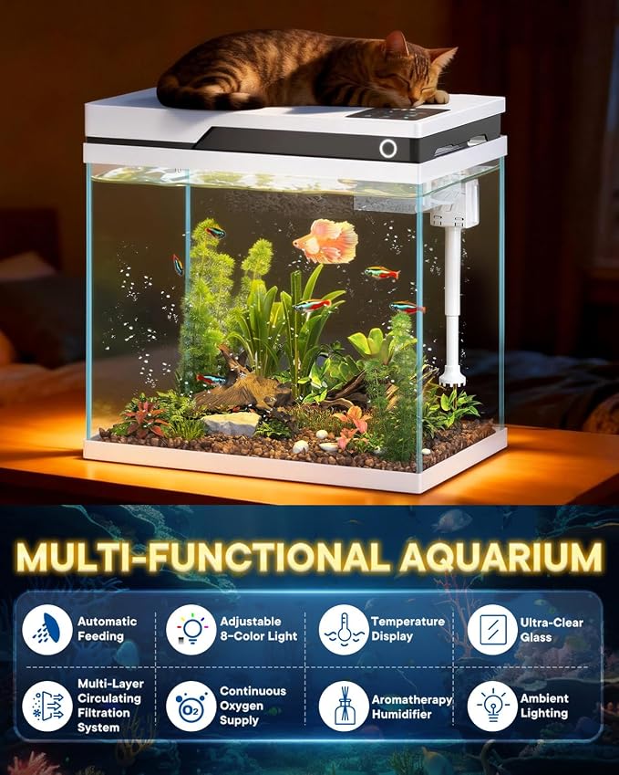 Vehipa Fish Tank, Smart Fish Aquarium Kit 7 Gallon | with Auto Feeder, Humidifier, 4-in-1 Silent Pump, Adjustable Lighting & Temperature Display for Desktop, Office, Room