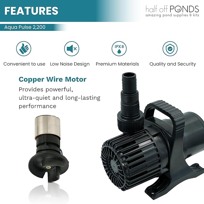 HALF OFF PONDS Submersible Water Pump, 2,200 GPH Pond Pump with 20FT Power Cord and 15FT Max Head, 120W Ultra Quiet Energy Efficient Pump for Koi Pond, Fountain, Waterfall, Water Garden, Skimmer