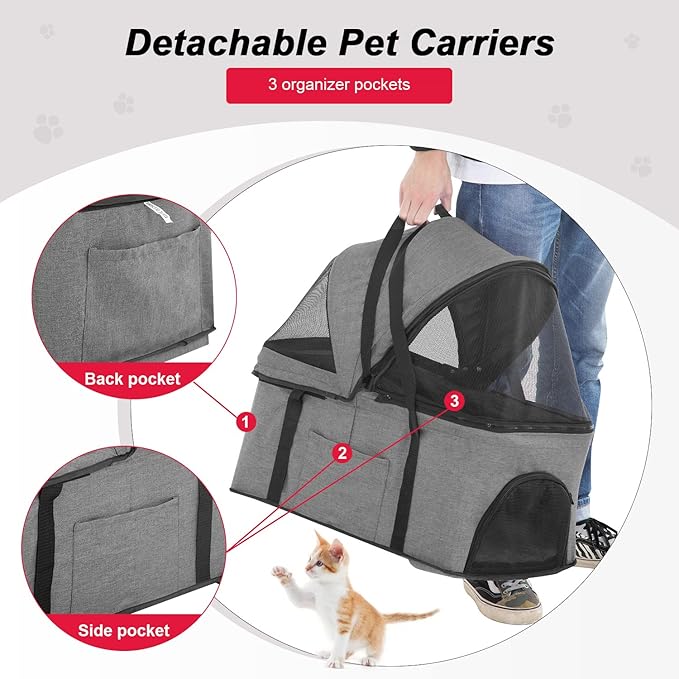 BestPet Pet Stroller Premium 3-in-1 Multifunction Dog Cat Jogger Stroller for Medium Small Dogs Cats with Folding Lightweight Travel & Detachable Carrier,Grey