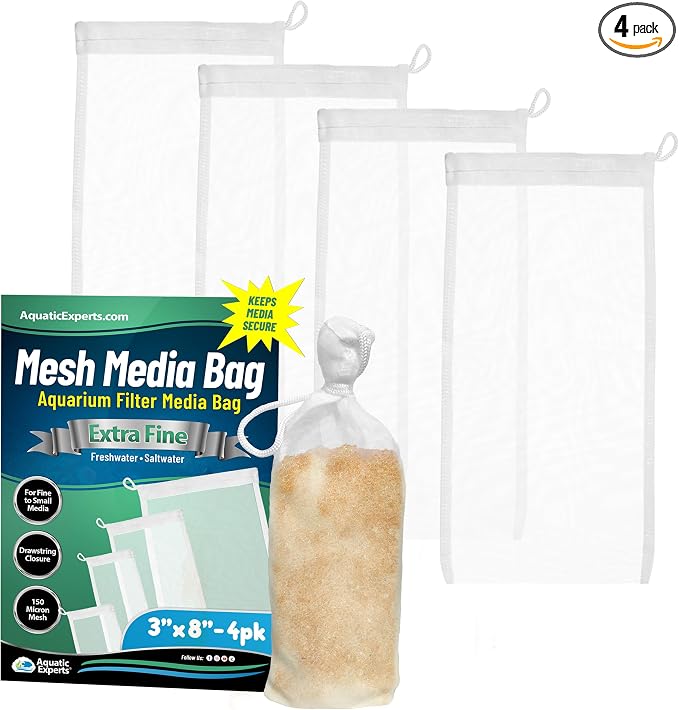 Aquatic Experts Extra Fine Aquarium Media Bag, Durable Drawstring Bags for Fish Tank Filters, 150 Micron Mesh (Extra Fine, 3"x 8" - 4 Pack)
