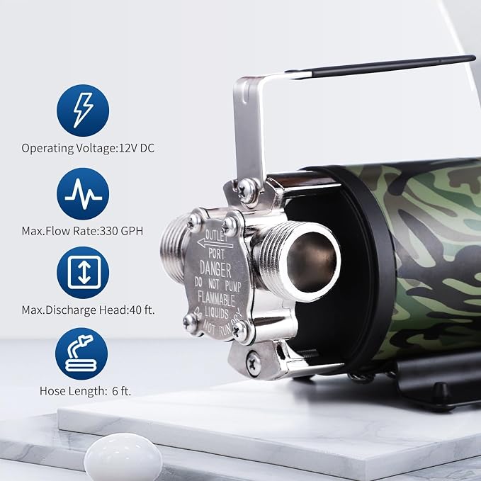 TIGEROAR 12V Water Pump 330 GPH Utility Pump for Vehicle Water Transferring | RV Electric Pump Portable Water Tank with 6 ft. Suction Pump Hose and Replacement Kit for Water Removing Draining Flushing