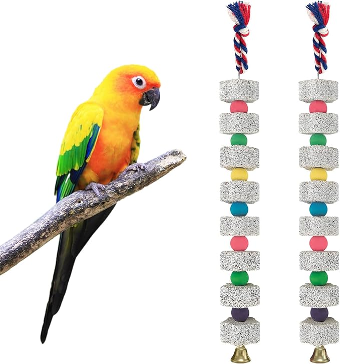 2 Pack Parrot Chewing Toys, Bird Beak Grinding Calcium Stone with Bell, Lava Mineral Block Cage Accessories for Parakeet Budgie Macaw Cockatoo Cockatiel Rat, Long
