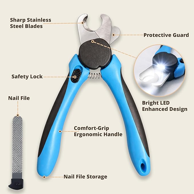 LED Dog Nail Clipper with Light & Safety Guard, Professional Pet Nail Trimmer with Quick Sensor, Extra Sharp for Thick Nails, for Large & Small Dogs and Cats (Medium-Large with LED)