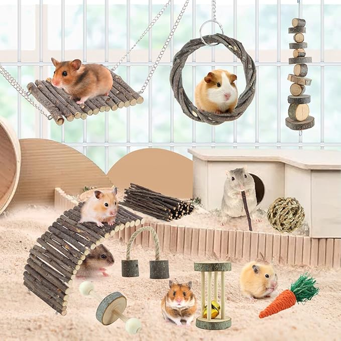 YIXUND Hamster Toys Rat Toys Chinchilla Toys Hamster Chew Toys Cage Accessories Apple Wood Sticks Ladder Bell Roller for Gerbil Guinea Pigs and Other Small Animal