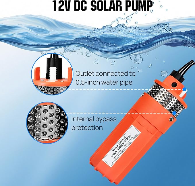 ECO-WORTHY 12V DC Submersible Well Water Pump with 10ft Cable, Water Flow 1.6GPM, Max Lift 100ft/30m, 96W Deep Well Pump for Irrigation, farm, ranch, home