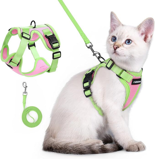 rabbitgoo Cat Harness and Leash Set, Escape Proof Soft Adjustable Vest Harnesses for Outdoor Walking, Easy Control Breathable Kitten Jacket with Reflective Strips, Pink & Light Green, XXS