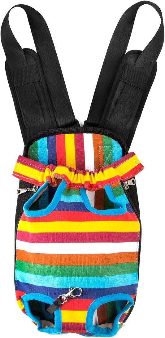 GEEPET Legs Out Front-Facing Dog Carrier Hands-Free Adjustable Pet Puppy Cat Backpack Carrier for Walking Hiking Bike and Motorcycle (Small, Colorful Strips)