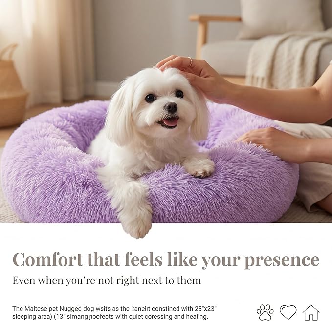 Calming Donut Dogs Beds for Small Dogs Washable,23inch Plush Round Pet Bed for Cozy Sleep,Fluffy Faux Fur Large Cat Bed,Fits up to 25 lbs Pets,Purple