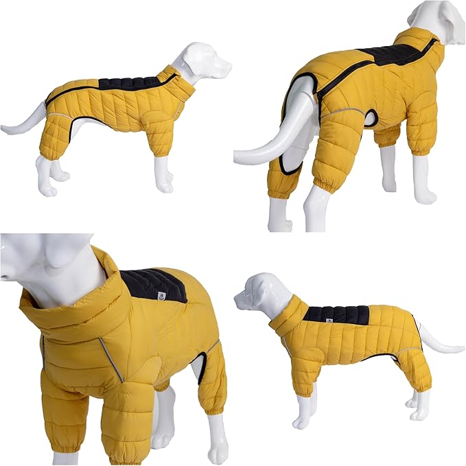Warm Dog Coat, 4 Legs Covered Waterproof Windproof Reflective Jacket, Zippered Adjustable Outdoor Snow Vest for Small Medium Large Dogs Yellow XXXXL