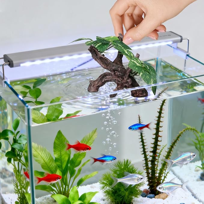 Veemoon Aquarium Driftwood Resin Decor with Cloth Leaf Plants and Driftwood Cave Realistic Fish Tank Landscape Ornament for Freshwater and Saltwater Aquatic Pets 6.69 X 4.33 X 3.93 Inch