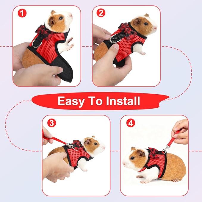 Guinea Pig Harness and Leash，2packs Guinea Pig Clothes Baby Ferret Rats Hamster Soft Mesh Harness Leash for Decoration，Hamster Harness can be Adjusted to Any Size. (Red + Grey)