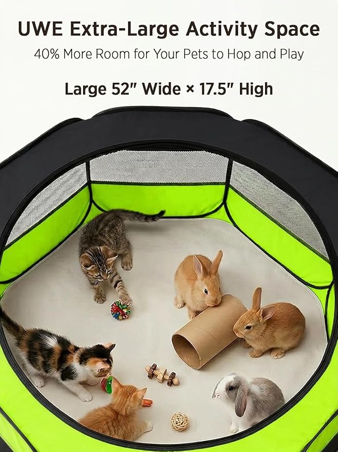 UWE Extra Large Small Animal Playpen, XL Portable Pet Playpen for Rabbit, Kitten, Guinea Pig, Hamster, Puppy – Waterproof Foldable Mesh Tent with Zipper Cover, Indoor Outdoor Use,Light Green