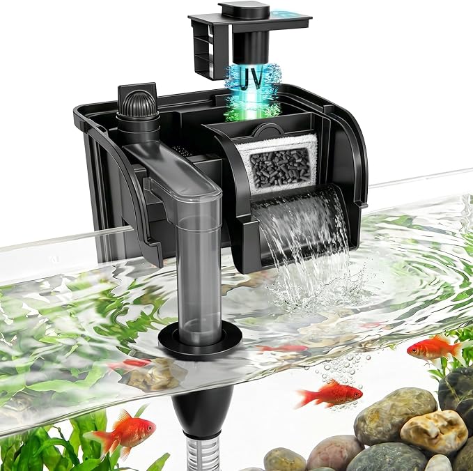 Hang on Back Aquarium Filter w/ U-V Light 158GPH for 10-40 Gallon Fish Tank | Detachable U-V &Pump,Surface Skimmer,4-Stage Deodorization Saltwater Freshwater Crystal Clear Suspension Oxygen Green Killing