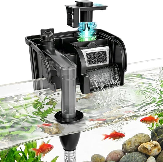 Hang on Back Aquarium Filter w/ U-V Light 158GPH for 10-40 Gallon Fish Tank | Detachable U-V &Pump,Surface Skimmer,4-Stage Deodorization Saltwater Freshwater Crystal Clear Suspension Oxygen Green Killing