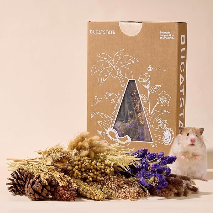 BUCATSTATE Natural Hamster Bedding - Flowers & Herbs & Sprays for Cage Habitat Decor - Treat Cereal Grain for Dwarf Syrian Gerbils, Mice, Rat, Forage, Enrichment (90PCS)