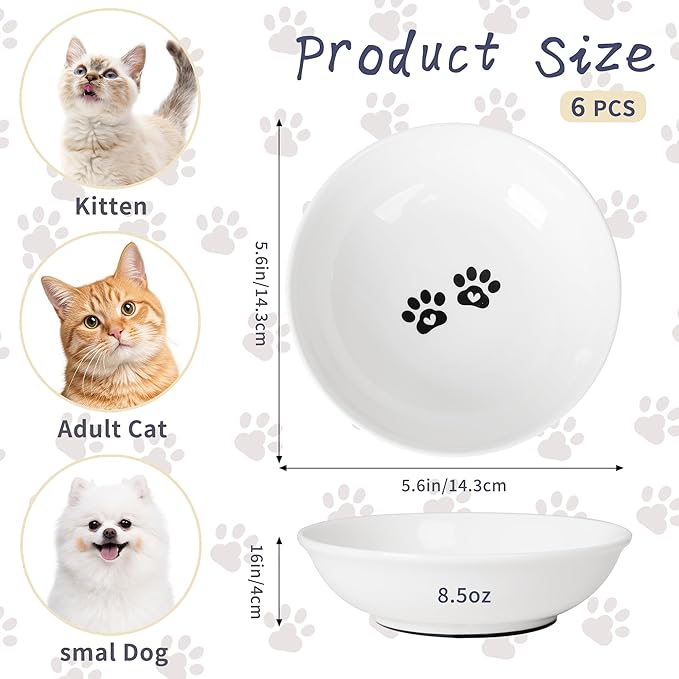 6 Pack Ceramic Cat Bowls, Shallow Cat Food Bowls Set with Non-Slip Silicone Base, Dishwasher Safe Small Pet Bowls for Cats & Kittens (Classic cat Elements)