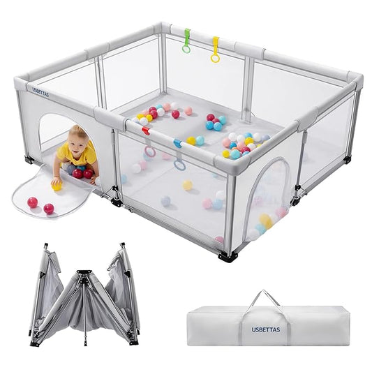 Foldable Baby Playpen, 1-Minute Setup, Lightweight Portable Playpen with Carry Bag, 59"x71" Indoor Outdoor Safty Play Yard for Babies & Toddlers, Light Gray