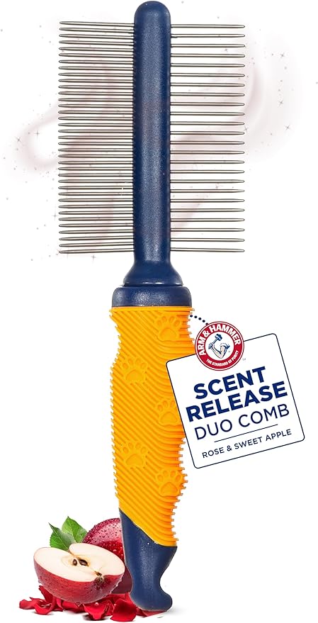 Arm & Hammer Deodorizing Dog Grooming Comb, Fragrance Transfer Technology with Baking Soda, Fine & Standard Teeth for Detangling & Flea Removal, Dematting Tool for Dogs, Sweet Apple & Rose Scent