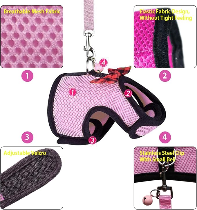 Rypet Small Animal Harness and Leash - Soft Mesh Pet Harness with Safe Bell, No Pull Comfort Padded Vest for Small Pet Pink
