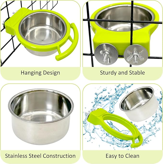 Stainless Steel Bird Bowls for Cage 2 Pcs Parrot Feeding Dish Metal Food and Water Cups Detachable Birds Cage Feeder Hanging Finch Food Plates with Perch for Parakeet Budgie Lovebird (Green)