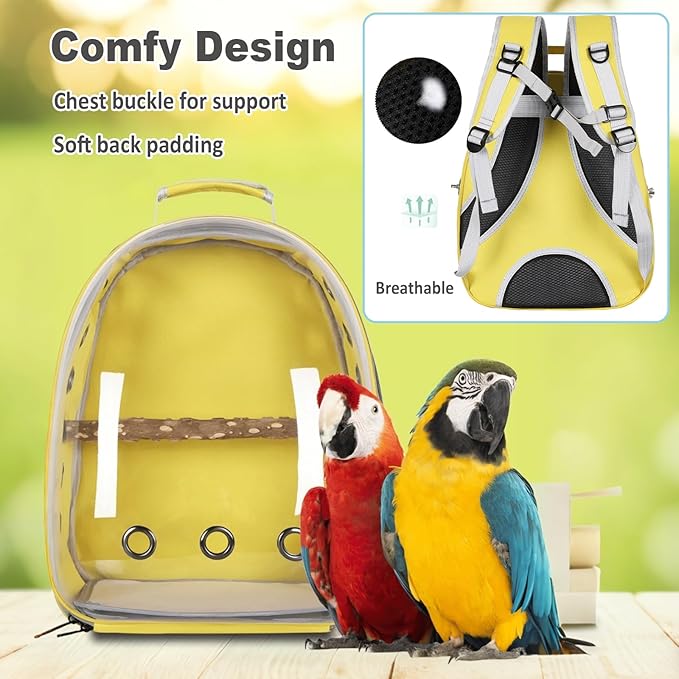 Bird Carrier Backpack with Wood Perch, Transparent Bird Travel Cage, Portable Pet Carrier Backpack, Breathable Hangbag for Vet Transport Camping Hiking (Yellow)