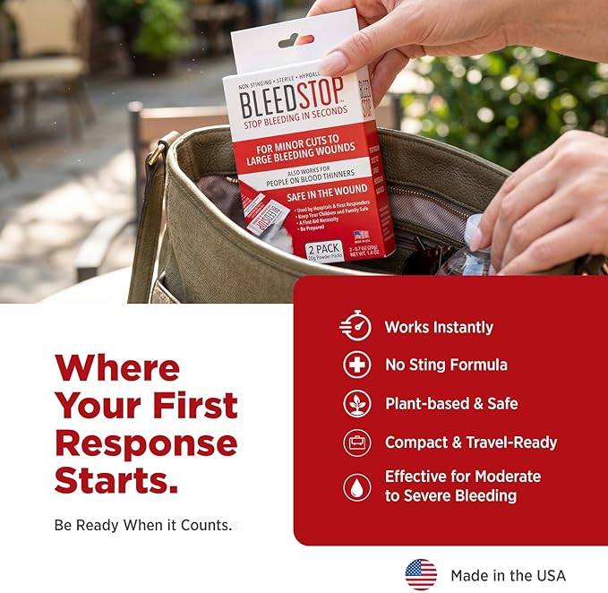 BleedStop™ First Aid Powder for Blood Clotting, Trauma Kit, Blood Thinner Patients, Camping Safety, and Survival Equipment for Moderate to Severe Bleeding Wounds or Nosebleeds - 4 (15g) Pouches
