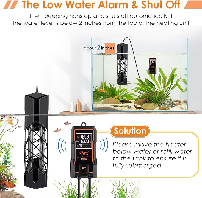 hygger Submersible Aquarium Heater 1200W Fish Tank Heater with Temperature Control & Auto Off Protection for 160-300 Gallons Saltwater and Freshwater